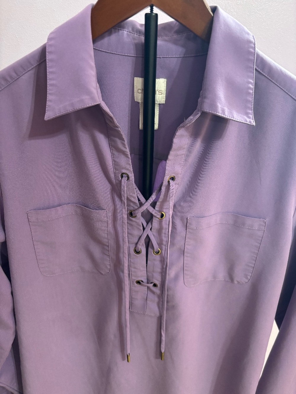 CHICO'S Lavender Lace Up Blouse Soft Stretch Material Long Sleeve Top Size 0 - Picture 2 of 8